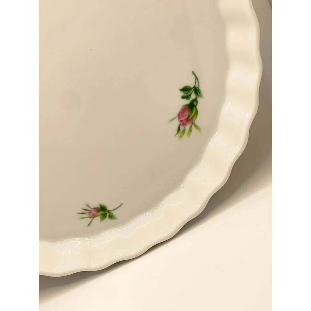 Christineholm Porcelain Quiche Tart Dish Pink Rose Floral Fluted White‎ Round